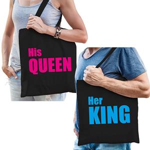 Bellatio Katoenen Tassen Blauw / Roze His Queen En Her King Volwassenen - Feest Boodschappentassen