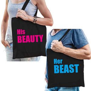Bellatio Katoenen Tassen Roze / Blauw His Beauty En Her Beast Volwassenen - Feest Boodschappentassen