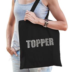 Bellatio Glitter Topper Cadeau Katoenen Tas Zwart Rhinestones Steentjes Dames En Heren - Feest Boodschappentassen
