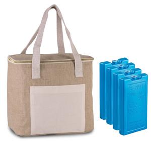 Kimood Grote koeltas jute/canvas 12 liter en 28 x 25 x 17 cm met 4x stuks koelelementen blauw -