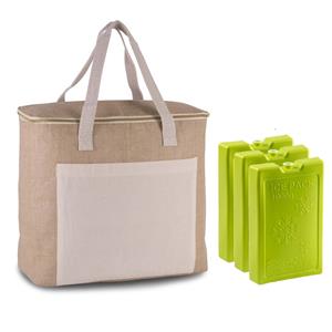 Kimood Grote koeltas jute/canvas 20 liter en x 32 x 16 cm met 3x stuks koelelementen groen -