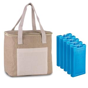 Kimood Grote koeltas jute/canvas 12 liter en 28 x 25 x 17 cm met 5x stuks koelelementen blauw -