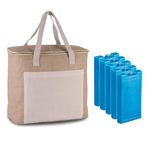 Kimood Grote koeltas jute/canvas 20 liter en x 32 x 16 cm met 5x stuks koelelementen blauw -