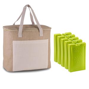 Kimood Grote koeltas jute/canvas 20 liter en x 32 x 16 cm met 5x stuks koelelementen groen -