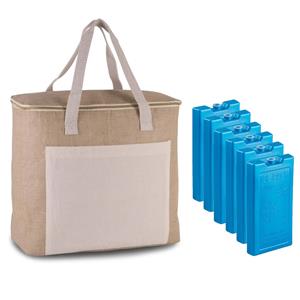 Kimood Grote koeltas jute/canvas 20 liter en x 32 x 16 cm met 6x stuks koelelementen blauw -