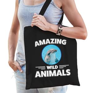 Bellatio Tasje Dolfijnen Amazing Wild Animals / Dieren Zwart Voor Volwassenen En Kinderen - Feest Boodschappentassen