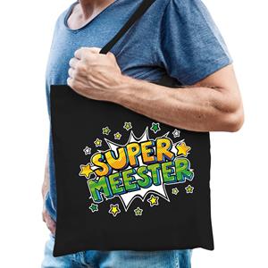 Bellatio Super Meester Popart Katoenen Tas Zwart Voor Heren - Cadeau Tasjes - Feest Boodschappentassen