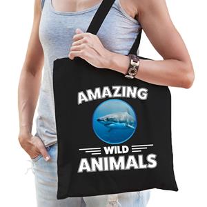 Bellatio Tasje Haaien Amazing Wild Animals / Dieren Zwart Voor Volwassenen En Kinderen - Feest Boodschappentassen