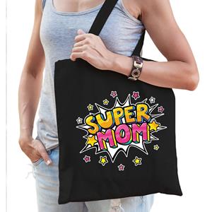 Bellatio Super Mom Popart Katoenen Tas Zwart Voor Dames - Cadeau Tasjes - Feest Boodschappentassen