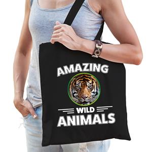 Bellatio Tasje Tijgers Amazing Wild Animals / Dieren Zwart Voor Volwassenen En Kinderen - Feest Boodschappentassen