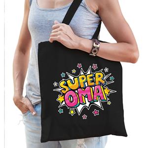 Bellatio Super Oma Popart Katoenen Tas Zwart Voor Dames - Cadeau Tasjes - Feest Boodschappentassen