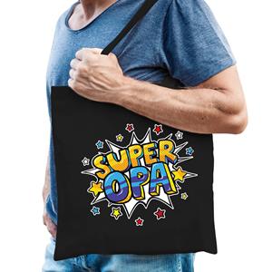 Bellatio Super Opa Popart Katoenen Tas Zwart Voor Heren - Cadeau Tasjes - Feest Boodschappentassen