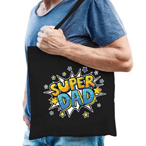 Bellatio Super Dad Popart Katoenen Tas Zwart Voor Heren - Cadeau Tasjes - Feest Boodschappentassen