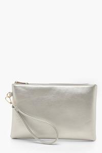 Metallic Smooth Pu Zip Top Clutch Bag, Silver
