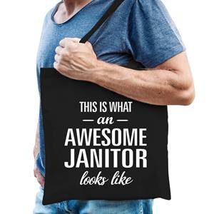 Bellatio Awesome Janitor / Geweldige Congierge Cadeau Tas Zwart Voor Dames En Heren - Feest Boodschappentassen