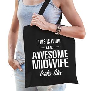 Bellatio Awesome Midwife / Geweldige Verloskundige Cadeau Tas Zwart Voor Dames - Feest Boodschappentassen