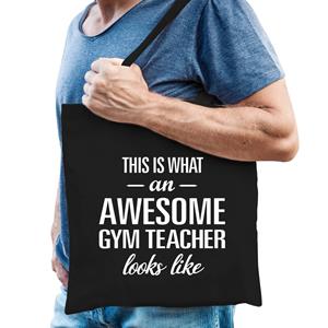 Bellatio Awesome Gym Teacher / Geweldige Gymleraar / Gymlerares Cadeau Tas Zwart Voor Dames En Heren - Feest Boodschappentassen