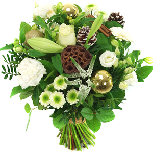 Boeketcadeau Klassiek kerstboeket Wit - Goud en kerstdecoratie