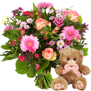 Boeketcadeau Geboorte boeket meisje en geboorte knuffeltje