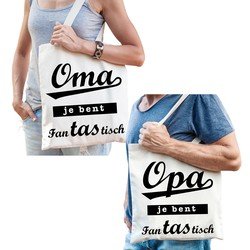 Bellatio Oma en Opa je bent fanTAStisch tasje - Cadeau boodschappentasjes set voor Opa en Oma - Cadeau Opa en Oma - Feest Boodschappentassen