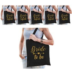 Bellatio Vrijgezellenfeest dames tasjes/ goodiebag pakket - 1x Bride to Be zwart goud + 5x Bride Squad Zwart