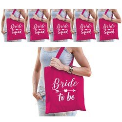 Bellatio Vrijgezellenfeest dames tasjes/ goodiebag pakket - 1x Bride to Be roze + 5x Bride Squad Roze