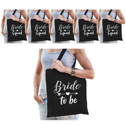 Bellatio Vrijgezellenfeest dames tasjes/ goodiebag pakket - 1x Bride to Be zwart + 5x Bride Squad Zwart
