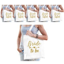 Bellatio Vrijgezellenfeest dames tasjes/ goodiebag pakket - 1x Bride to Be wit + 5x Bride Squad Wit