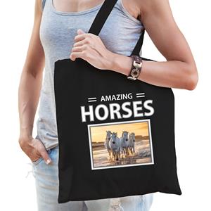 Bellatio Dieren wit paard foto tas katoen volw + kind Zwart
