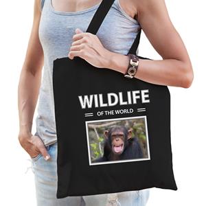 Bellatio Dieren Chimpansee aap foto tas katoen volw + kind Zwart