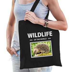 Bellatio Dieren Egel foto tas katoen volw + kind Zwart
