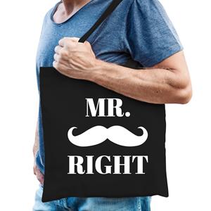 Bellatio Mr right katoenen tasje met snor heren - Cadeau bruiloft/ vrijgezellen feest heren - Feest Boodschappentassen