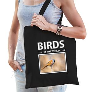 Bellatio Dieren Baardmannetje vogel foto tas katoen volw + kind Zwart