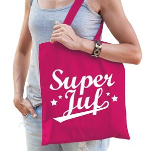Bellatio Super juf katoenen kado tas fuchsia Roze