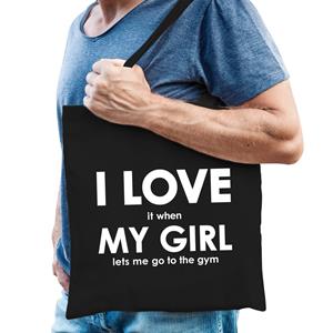 Bellatio I love it when my girl lets me go to the gym katoenen tas - sporten/ fitnessen hobby tasje/ boodschappentas heren - Cadeau sporter/ bodybuilder - Feest Boodschappentassen