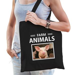 Bellatio Dieren Varken foto tas katoen volw + kind Zwart