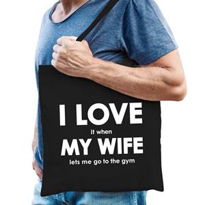 Bellatio I love it when my wife lets me go to the gym katoenen tas - sporten/ fitnessen hobby tasje/ boodschappentas heren - Cadeau sporter/ bodybuilder - Feest Boodschappentassen