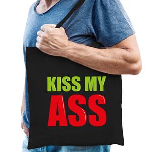 Bellatio Kiss my ass cadeau tas zwart voor heren cadeau katoenen tas Zwart