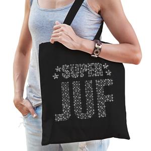 Bellatio Glitter Super Juf katoenen tas Zwart