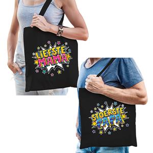 Bellatio Stoerste papa en Liefste mama tasje - Cadeau boodschappentasjes set voor Papa en Mama - Moederdag en Vaderdag cadeautje - Feest Boodschappentassen