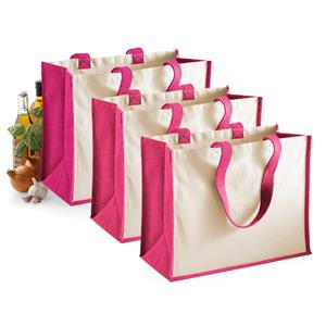 3x stuks jute katoenen boodschappentas in het fuchsia roze/natural 44 x 33 x 19 cm -