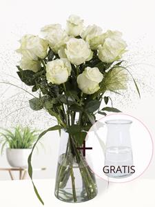 Surprose Wit rozenboeket met panicum + gratis glasvaas - Snowstorm