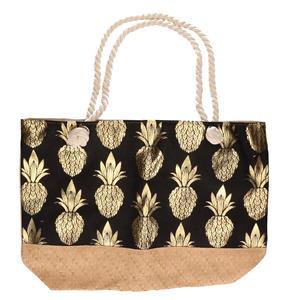 Zwart/gouden katoenen strandtas pineapple met rits 54 cm -