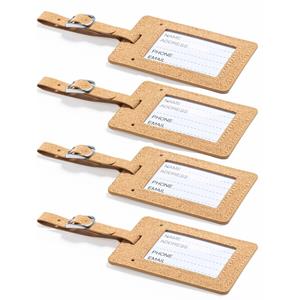 Kofferlabel van eco friendly kurk - 4x - beige - 10 x 6 cm - reiskoffer/handbagage labels - bandje m -