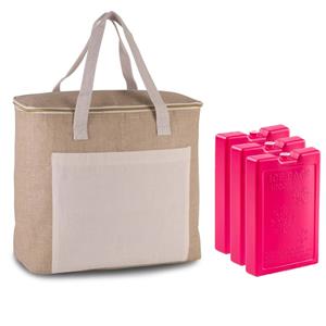 Kimood Grote koeltas jute/canvas 20 liter en x 32 x 16 cm met 3x stuks koelelementen roze -