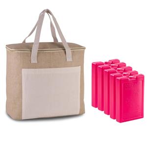 Kimood Grote koeltas jute/canvas 20 liter en x 32 x 16 cm met 5x stuks koelelementen roze -