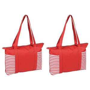 2x stuks strandtas/shopper rood/wit met streepmotief 44 cm -