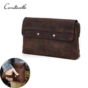 CONTACTS CONTACT'S Men Clutch Bags Crazy Horse Leather Long Wallet Men Large Capacity Hand Bag Male Purse With Phone Pocket