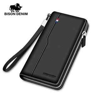 BISON DENIM Fashion Men Wallet Genuine Leather Long Zipper Purse Large Capacity Credit Card Holder Wallet