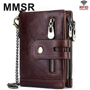 MMSR Herenportemonnee, kort, echt rundleer, RFID-antidiefstalborstel, drievoudige portemonnee, portemonnee